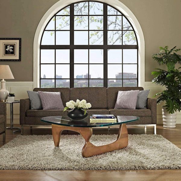 Furgle 50" Triangle Glass Coffee Table with Wood Base for Living Room Office, Light Walnut