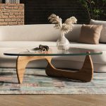 Furgle 50" Triangle Glass Coffee Table with Wood Base for Living Room Office, Light Walnut