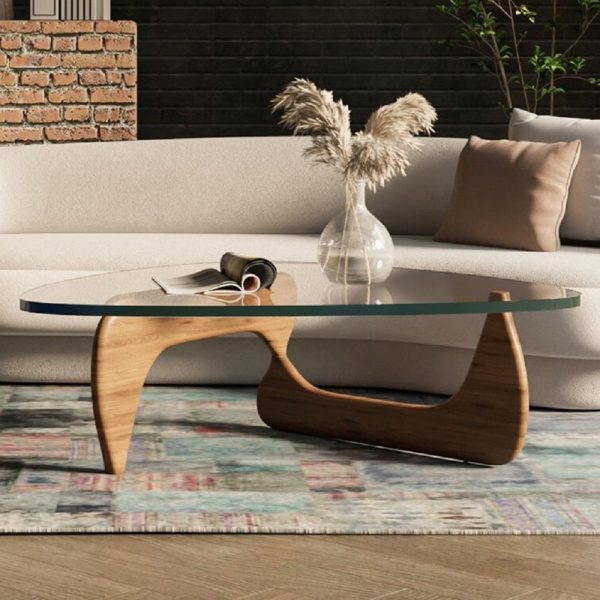 Furgle 50" Triangle Glass Coffee Table with Wood Base for Living Room Office, Light Walnut