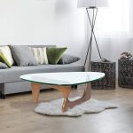 Furgle 50" Triangle Glass Coffee Table with Wood Base for Living Room Office, Light Walnut
