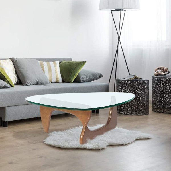 Furgle 50" Triangle Glass Coffee Table with Wood Base for Living Room Office, Light Walnut
