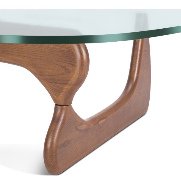 Furgle 50" Triangle Glass Coffee Table with Wood Base for Living Room Office, Light Walnut