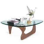 Furgle 50" Triangle Glass Coffee Table with Wood Base for Living Room Office, Light Walnut