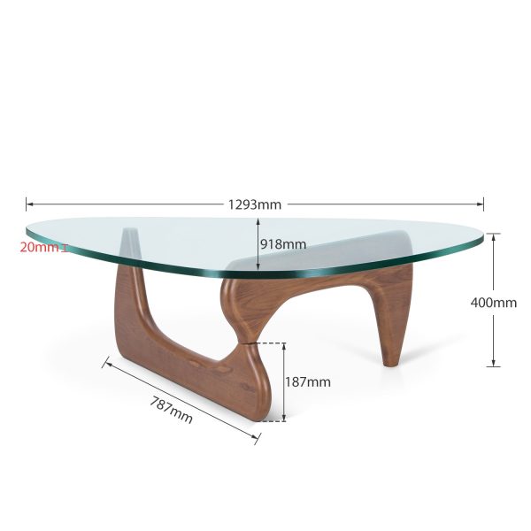 Furgle 50" Triangle Glass Coffee Table with Wood Base for Living Room Office, Light Walnut