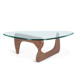Furgle 50" Triangle Glass Coffee Table with Wood Base for Living Room Office, Light Walnut