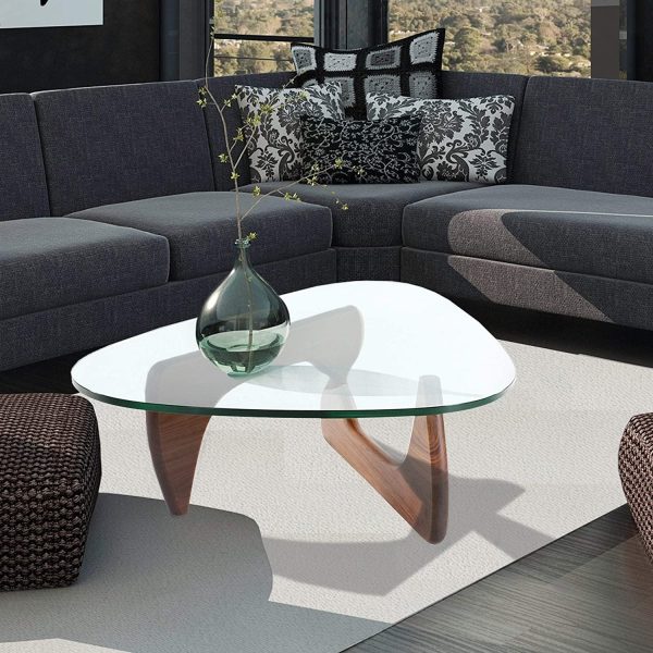 Furgle 50" Triangle Glass Coffee Table with Wood Base for Living Room Office, Light Walnut
