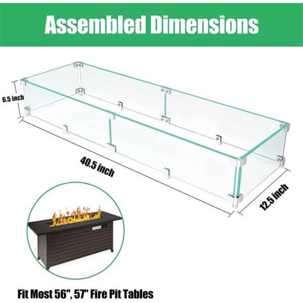 GASPRO 40.5" x 12.5" Glass Wind Guard for Rectangular Fire Tabler, for 56/57 inch Fire Table and 36" x 6" Drop-in Fire Pit Pan, 5/16" Thick