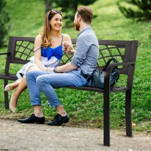 Garden Bench Patio Bench Outdoor Park Bench with Armrests, Porch Bench Cast Iron Sturdy Steel Frame Furniture, 480BLS Bearing Capacity for Park Yard Deck Entryway, Black img 2