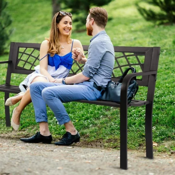 Garden Bench Patio Bench Outdoor Park Bench with Armrests, Porch Bench Cast Iron Sturdy Steel Frame Furniture, 480BLS Bearing Capacity for Park Yard Deck Entryway, Black