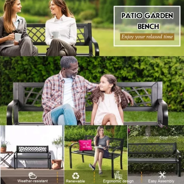 Garden Bench Patio Bench Outdoor Park Bench with Armrests, Porch Bench Cast Iron Sturdy Steel Frame Furniture, 480BLS Bearing Capacity for Park Yard Deck Entryway, Black