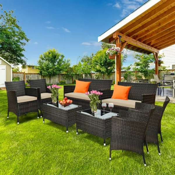 Gymax 8-Piece Patio Rattan Outdoor Furniture Set with Cushioned Chair Loveseat Table in Brown