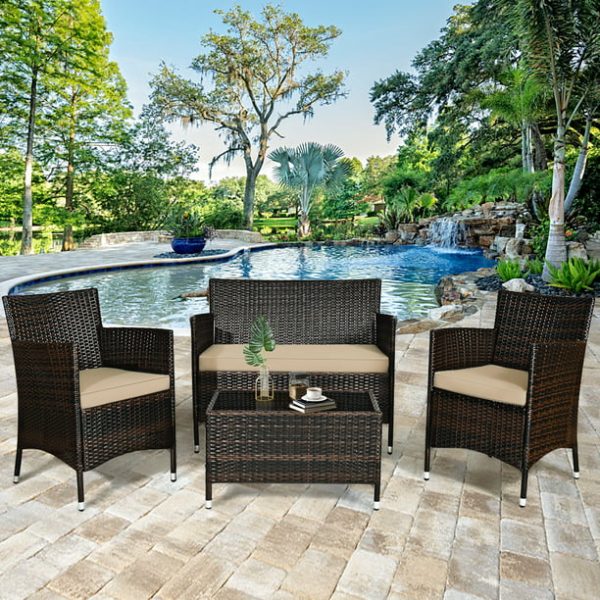 Gymax 8-Piece Patio Rattan Outdoor Furniture Set with Cushioned Chair Loveseat Table in Brown