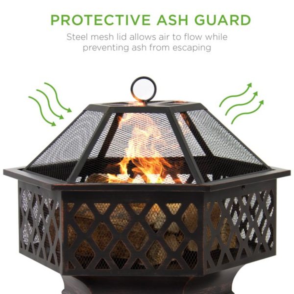 Best Choice Products 24in Hex-Shaped Steel Fire Pit for Garden, Backyard, Poolside w/ Flame-Retardant Mesh Lid