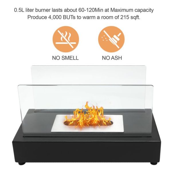 Heyfurni Tabletop Fireplace Bio-Ethanol Fire Pit, Indoor Outdoor Portable Fire Bowl Pot Ventless Fireplace, Rectangle, Black