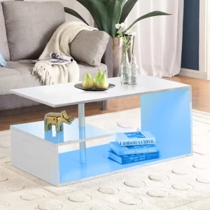 "High Gloss Coffee Table G Shape LED Coffee Table for Living Room, White"
