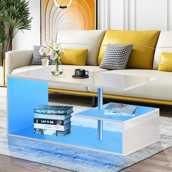 "High Gloss Coffee Table G Shape LED Coffee Table for Living Room, White"