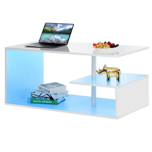 "High Gloss Coffee Table G Shape LED Coffee Table for Living Room, White"