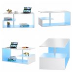 "High Gloss Coffee Table G Shape LED Coffee Table for Living Room, White"