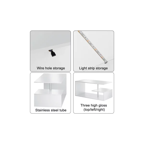 "High Gloss Coffee Table G Shape LED Coffee Table for Living Room, White"