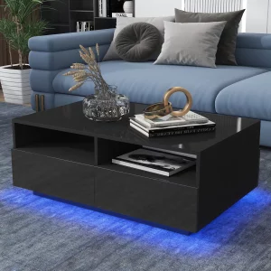 Rectangular Coffee Table Tea Tables Modern High Gloss Sofa Side Table Black Finish- 37.4 x 23.6 x 12.2 Inches