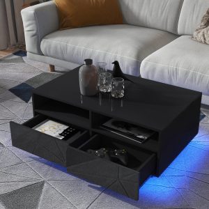High Gloss Coffee Table LED Coffee Centre Table with Storage for Living Room, Black()1jpeg