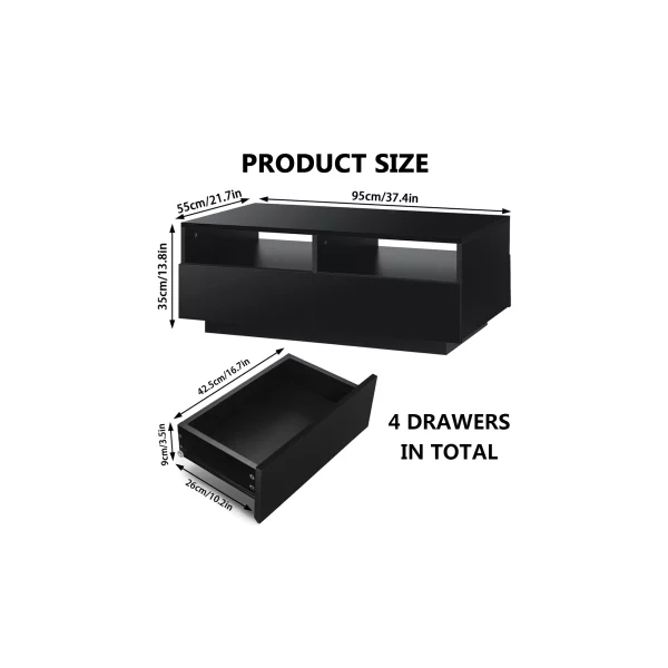Rectangular Coffee Table Tea Tables Modern High Gloss Sofa Side Table Black Finish- 37.4 x 23.6 x 12.2 Inches