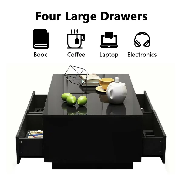 Rectangular Coffee Table Tea Tables Modern High Gloss Sofa Side Table Black Finish- 37.4 x 23.6 x 12.2 Inches