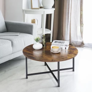 HomGarden 31.5-Inch Industrial Round Coffee Table with X-Base Metal Legs, Sofa Side Table Retro Cocktail Table for Home Office, Living Room, Rustic Brown