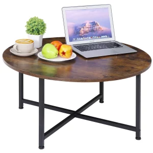 HomGarden 31.5-Inch Industrial Round Coffee Table with X-Base Metal Legs, Sofa Side Table Retro Cocktail Table for Home Office, Living Room, Rustic Brown(1)webp
