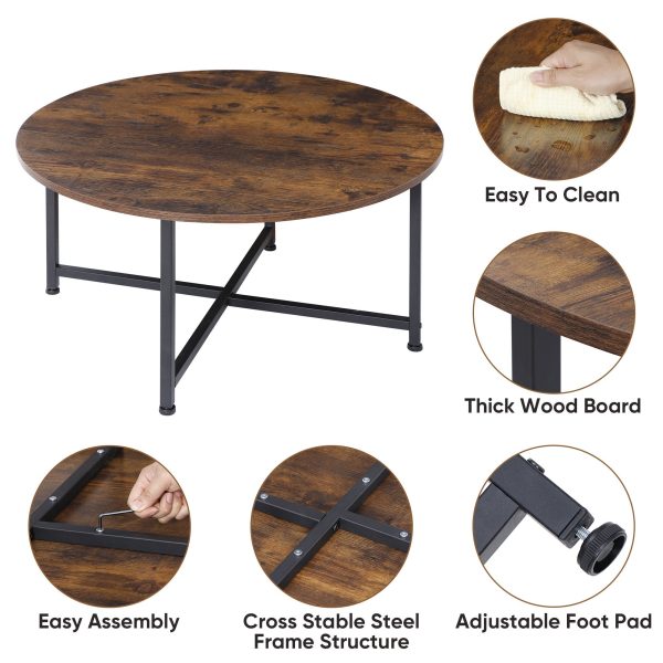 HomGarden 31.5-Inch Industrial Round Coffee Table with X-Base Metal Legs, Sofa Side Table Retro Cocktail Table for Home Office, Living Room, Rustic Brown