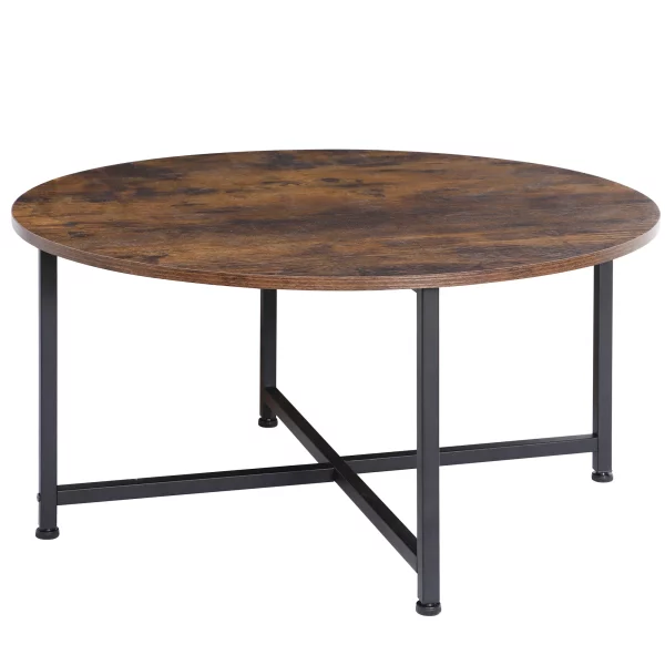 HomGarden 31.5-Inch Industrial Round Coffee Table with X-Base Metal Legs, Sofa Side Table Retro Cocktail Table for Home Office, Living Room, Rustic Brown