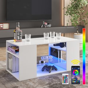 Hommpa LED Coffee Table with Glass Display Shelves High Gloss Center Table for Living Room