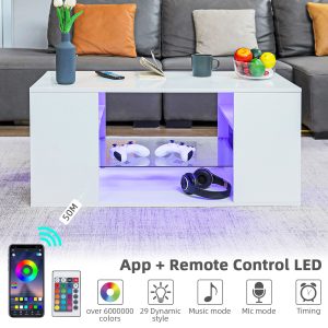 Hommpa LED Coffee Table with Glass Display Shelves High Gloss Center Table for Living Room img 2