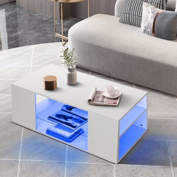 Hommpa LED Coffee Table with Glass Display Shelves High Gloss Center Table for Living Room