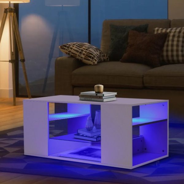 Hommpa LED Coffee Table with Glass Display Shelves High Gloss Center Table for Living Room