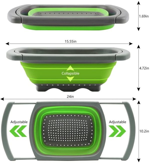 Collapsible Colander, Green Food Strainer Over the Sink Colanders Strainers with Extendable Handles, 6-Quart, Dishwasher-Safe Kitchen Folding Strainer for Pasta, Vegetables and Fruits by Polerce