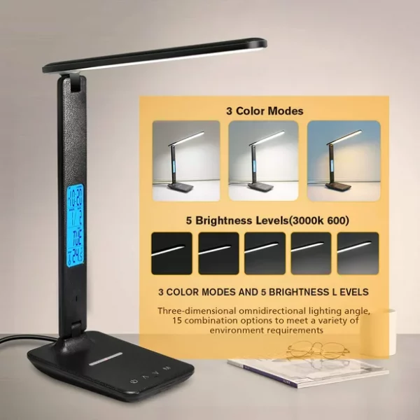 LED Desk Lamp with Wireless Charger, USB Charging Port, Adjustable Foldable ​Table Lamp with Clock, Alarm, Date, Temperature, 5-Level Dimmable ​Lighting​, Office Lamp with Adapter,Black