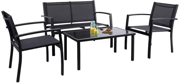 Vineego 4 Pieces Patio Furniture Outdoor furniture Outdoor Patio Furniture Set Textilene Bistro Set Modern Conversation Set Black Bistro Set with Loveseat Tea Table for Home, Lawn and Balcony (Black