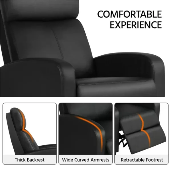 Easyfashion Faux Leather Push Back Theater Recliner, Black