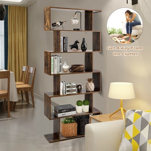 Gymax 6-Tier S-Shape Bookcase Z-Shelf Style Storage Display Rack Brown