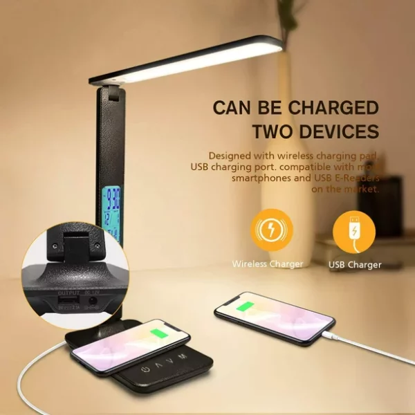 LED Desk Lamp with Wireless Charger, USB Charging Port, Adjustable Foldable ​Table Lamp with Clock, Alarm, Date, Temperature, 5-Level Dimmable ​Lighting​, Office Lamp with Adapter,Black
