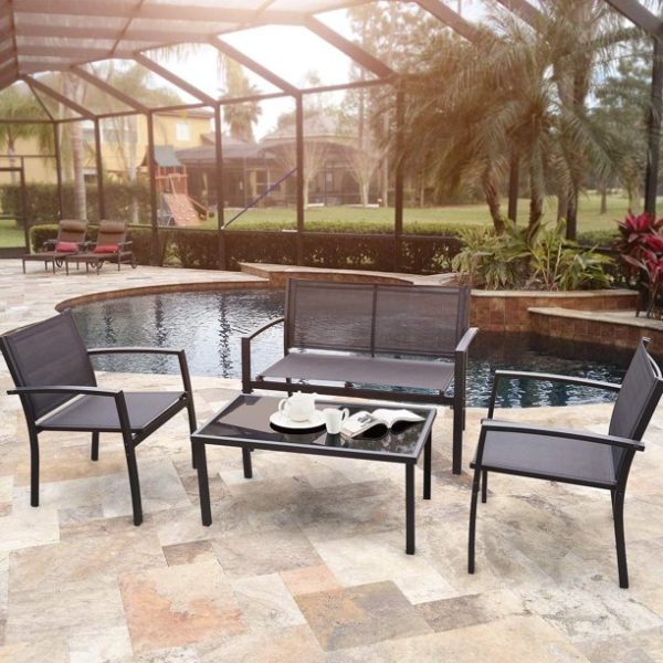 Vineego 4 Pieces Patio Furniture Outdoor furniture Outdoor Patio Furniture Set Textilene Bistro Set Modern Conversation Set Black Bistro Set with Loveseat Tea Table for Home, Lawn and Balcony (Black