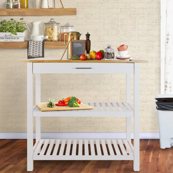 Casual Home Kitchen Island Bar Station with Hardwood Counter and Storage, White