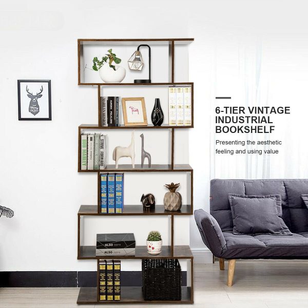 Gymax 6-Tier S-Shape Bookcase Z-Shelf Style Storage Display Rack Brown