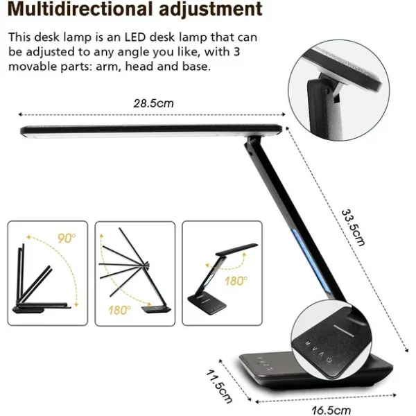 LED Desk Lamp with Wireless Charger, USB Charging Port, Adjustable Foldable ​Table Lamp with Clock, Alarm, Date, Temperature, 5-Level Dimmable ​Lighting​, Office Lamp with Adapter,Black