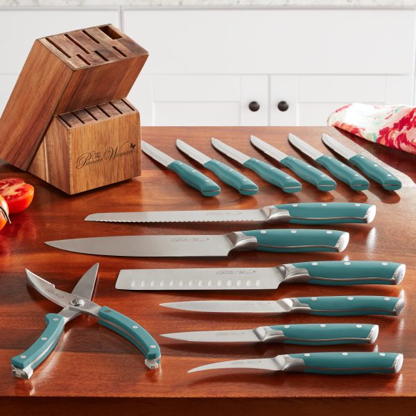 The Pioneer Woman Pioneer Signature 14-Piece Stainless Steel Knife Block Set, Teal