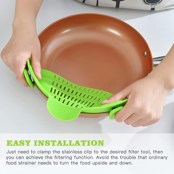 Clip on Pasta Strainer for Pots Silicone Food Strainer Hands-free Drainer Kitchen Gadgets, Heat Resistant for Pasta Spaghetti Meat Fits Pots Pans Bowls, Green
