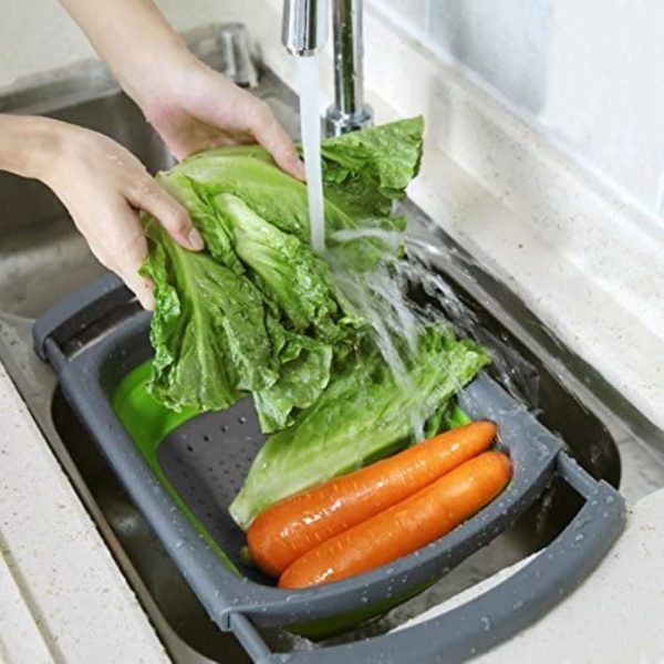Collapsible Colander, Green Food Strainer Over the Sink Colanders Strainers with Extendable Handles, 6-Quart, Dishwasher-Safe Kitchen Folding Strainer for Pasta, Vegetables and Fruits by Polerce