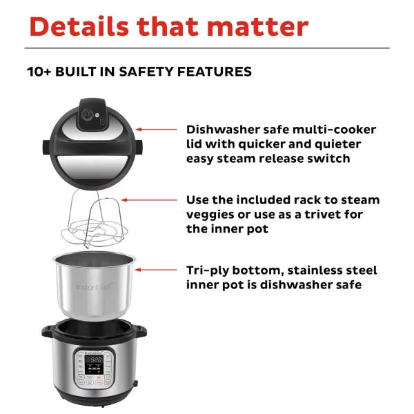 Instant Pot Duo 6-Quart 7-in-1 Electric Pressure Cooker with Easy-Release Steam Switch , Slow Cooker, Rice Cooker, Steamer, Sauté, Yogurt Maker, Warmer & Sterilizer, Stainless Steel