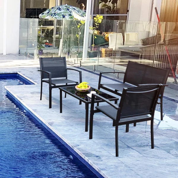 Vineego 4 Pieces Patio Furniture Outdoor furniture Outdoor Patio Furniture Set Textilene Bistro Set Modern Conversation Set Black Bistro Set with Loveseat Tea Table for Home, Lawn and Balcony (Black